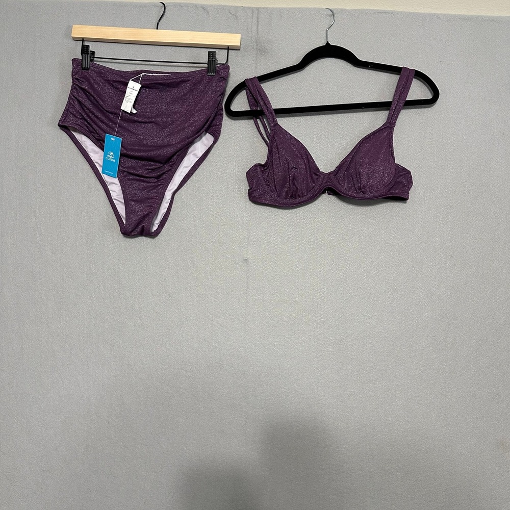 Cupshe Purple Metallic Underwire Bikini Set High‎ Waisted Ruched Bottoms Medium